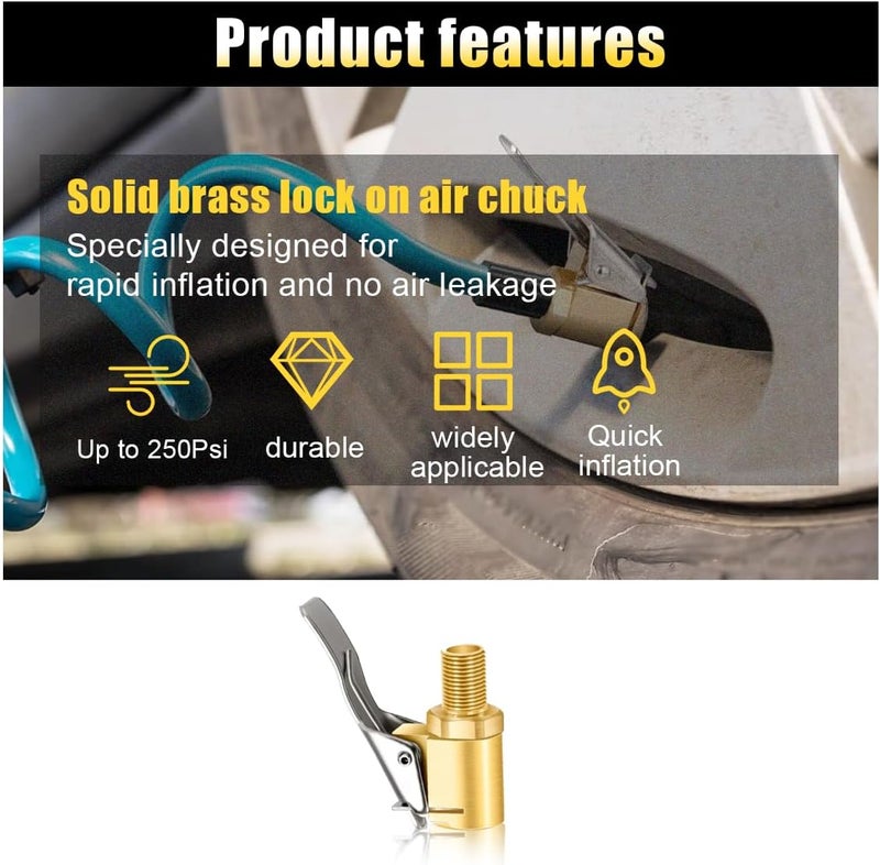 GLSOWEE Brass Tire Air Chuck with Clip Adapter, Portable No Leakage Air Chuck, Locking Tire Inflator Thread Nozzle Adapter Compressor Pump Connect Accessories Tool for Vehicle - Image 4
